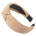 Fashionable hand-woven wide knotted headband with natural straw texture and black lining - Knotted Edged Style / Beige