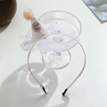 Pink girls party hat headband with white lace, glitter stars and pom pom detail - White