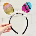 Glittery Easter bunny ear headband with Happy Easter text and colorful egg design - Easter Egg Headband