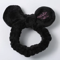 Detail of plush black headband with round ears, bow, and pink embroidery on white background - Black Round Ear Style (打结黑色)