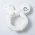 Close-up of white plush bunny ear headband with grey embroidery on soft coral fleece - White Rabbit Ear (打结白色)