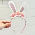 Pink rabbit ear headband with sequins and floral accents for Easter party costume - Pink Flower Bunny Ears Headband