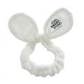 Detail of soft white plush rabbit ear headband with embroidered brand text - Rabbit Ears White
