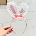Pink and white Easter bunny ear headband with lace, glitter sequins and fabric flowers - Pink Lace Flower Bunny Ears Headband