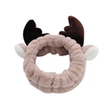 Close-up of soft coral fleece reindeer headband with brown antlers and pink plush fabric - Khaki Deer Antler