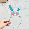 Blue Easter bunny ears headband with lace ruffles, sequins and decorative flowers - Blue Lace Flower Bunny Ears Headband