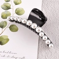 Elegante molletta per capelli nera grande con undici perle bianche lucide per acconciature - Pinza Nera con Perle Sintetiche Grande
