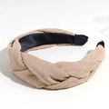 Elegant beige knotted velvet headband with silver rhinestones and braided texture - Khaki Rhinestone