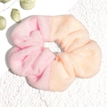 Pink and beige velvet scrunchie in plush fabric with soft fuzzy texture for women - Pink and Light Beige Orange Contrast