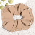 Beige ribbed fabric scrunchie with white pearl accents and high elastic hair tie - Milk Coffee