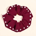 Elegant wine red scrunchie with ribbed fabric texture and white pearl trim design - Red