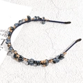Detail of blue crystal beads and golden metal hollow balls on a slim headband - Azure Blue