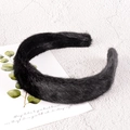 Detail view of plush black faux fur headband with soft texture and solid winter design - Black Plush