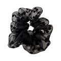 Elegant mesh scrunchie with black polka dots and interior pearl beads for hair styling - Black