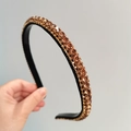 Elegant gold metal headband with amber rhinestones on a slim black base - Thin Rhinestone Champagne