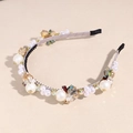 Diadema elegante con perlas blancas, cristales coloridos y cinta de seda gris claro - Diadema de Flores con Perlas y Diamantes de Imitación
