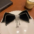 Elegant black velvet double bow hair clip with rhinestone tassels and drop jewels - Velvet / Velvet Rhinestone Tassel Style / Black