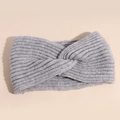 Close-up of light grey knitted headband with stylish twist knot and ribbed texture - Gray