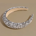 Detailed view of wide sponge headband with white pearls and sparkling gray rhinestones - Silver