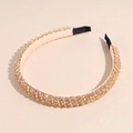 Detail of multi-row champagne crystal beads on a sponge headband with soft pink lining - Champagne