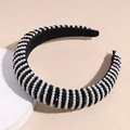Detail of hand-woven headband with white pearls and black faceted beads on fabric - Black & White