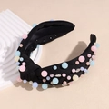 Detail of knotted black fabric headband with colorful faux pearls and sparkling rhinestones - Black