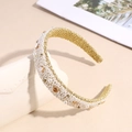 Cerchietto largo di lusso con perle, cristalli ambra e base metallica dorata - Perla