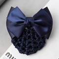 Elegant navy blue satin bow hair clip with a crochet snood net for professional bun styling - Navy Blue Bow Snood