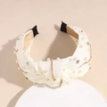 Cerchietto largo annodato in raso crema con perle e strass brillanti di alta qualità - Bianco Sporco