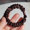 Dark brown pleated satin scrunchie with silk-like glossy finish and durable rectangular buckle - Brown