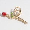 Elegant gold metal hair claw clip featuring a red rose flower and green leaves design - Gold Rose Branch Shape Style