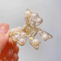 Elegant gold butterfly hair claw clip with white pearls for a French vintage hair look - Full Rhinestone Pearl Butterfly Style