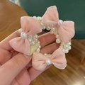 Elegante goma para el pelo de perlas blancas con tres lazos de seda rosa - 3 Lazos de Satén Rosa Coletero de Perlas