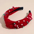 Détail d'un serre-tête de Noël en velours rouge avec perles blanches et perles colorées - Rouge - Style Grosses et Petites Perles