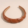 Detail of coffee brown braided PU leather headband with non-slip inner velvet lining - Yellow Brown