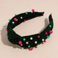Détail du bandeau en velours vert foncé avec perles colorées et nœud pour Noël - Vert Foncé - Style Grosses et Petites Perles