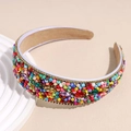 Detail of colorful seed beads and marquise rhinestones on a wide padded headband - Colorful