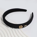 Black padded sponge headband with vintage gold rose embellishment and matte fabric texture - Black Flower