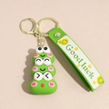 Cute green caterpillar silicone keychain with Good Luck strap and golden metal ring - Three-layer Frog