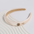 French Baroque wide headband in champagne beige silk with gold rose and metal plate - Off-white Floral