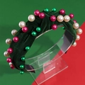 Serre-tête en velours vert foncé avec nœud et perles colorées au style de Noël - Vert Foncé - Style Perles de Plusieurs Tailles