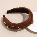 Detail of coffee knit headband with elegant pearls and sparkling rhinestones - Brown