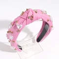 Pink twisted headband with heart pearls, gold beads and sparkling rhinestones - Deep Pink