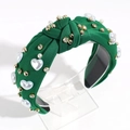 Cerchietto annodato verde scuro con perle a forma di cuore e strass luminosi - Verde Scuro