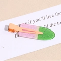 Detail of pink and green ice cream shaped hair clip with glitter and matte metal duckbill base - Spliced Green Pink
