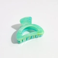 Detail view of mint green and blue marble patterned plastic hair claw clip with teeth - 4.5cm Teal Semicircle Claw