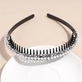 Detail of non-slip headband with white pearls and sparkling rhinestones on black base - Silver