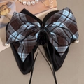Plaid ribbon bow hair claw clip with faux pearls and long tassels in French retro style - Multi-layer Pearl Bow Hair Clip