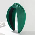 Fashionable dark green wide knotted headband made of textured woven fabric for women - Fabric Dark Green