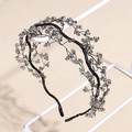 Close-up of handmade gray crystal beads woven on a slim headband for women - Black (Smoke Gray Stone With Black Wire)